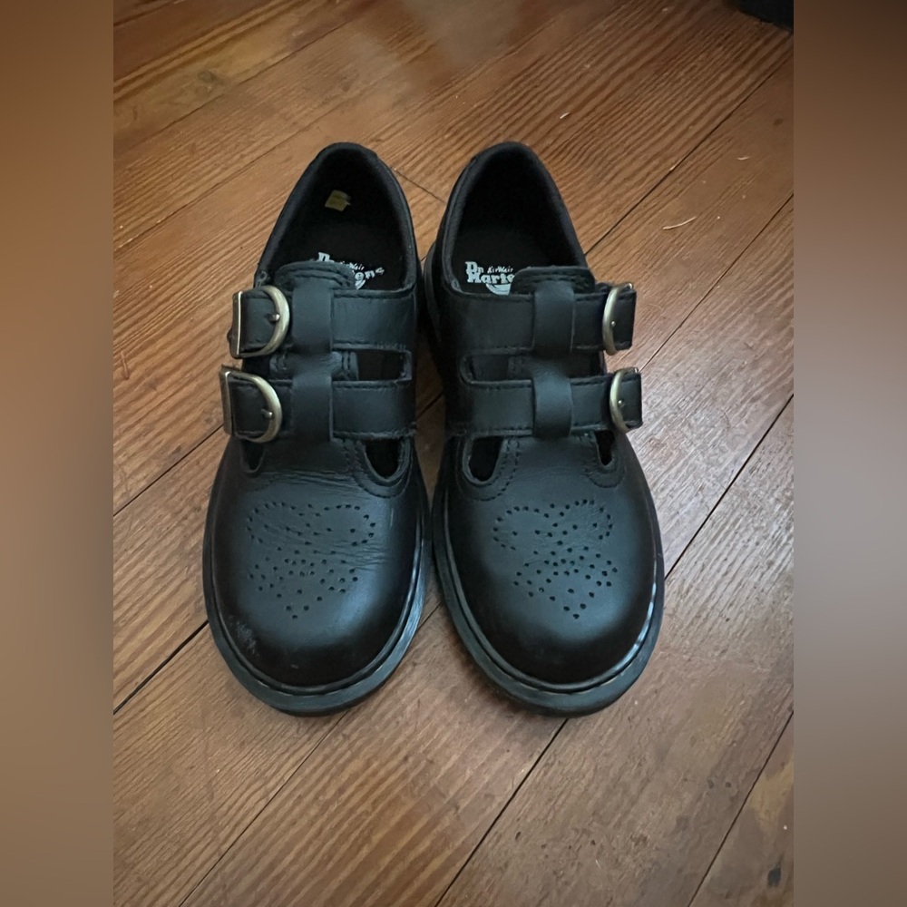 Black Dr Marten Kids Shoes with Buckle Straps